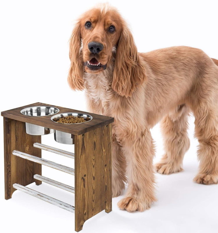 Dark Brown 15 Inch Tall Burnt Wood Large Dog Raised Pet Feeder Stand with 2 Stainless Steel Bowls