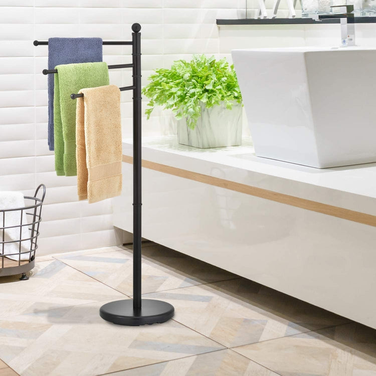 Freestanding Matte Black Bathroom Towel Hanging Rack with 3 Swivel Bar Arms, 40-inch