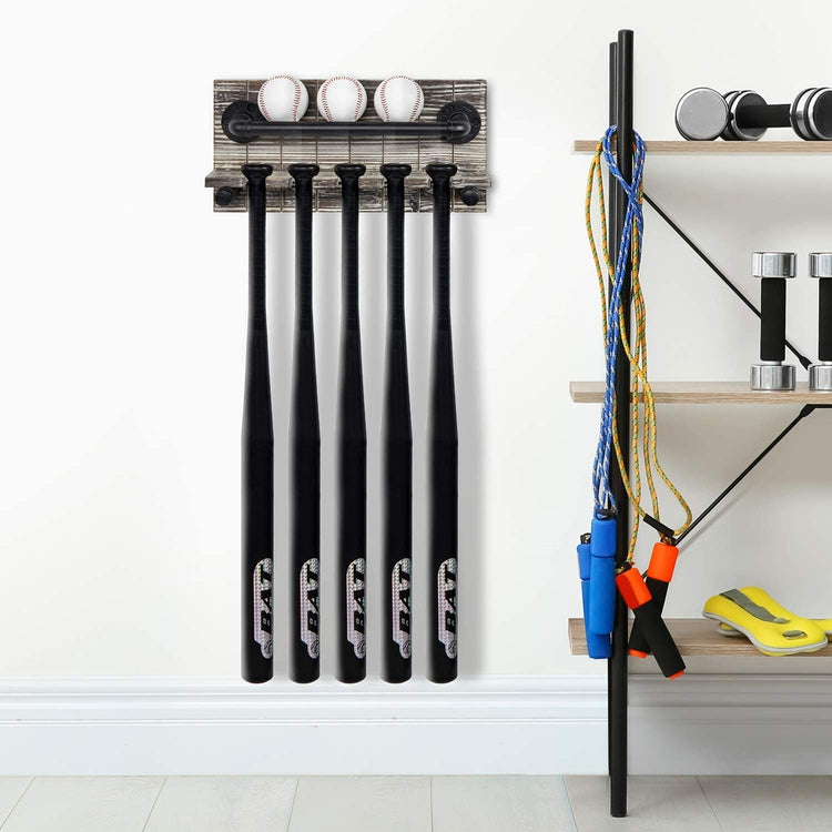 Torched Wood Baseball Holder and Bat Rack with Black Metal Pipe, Wall Mounted Garage Sports Equipment Holder-MyGift