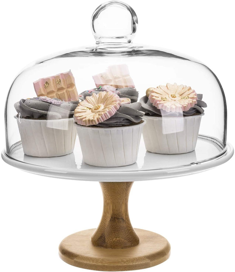 Ceramic White and Brown Wood Dessert Pedestal Cake Stand with Glass Dome