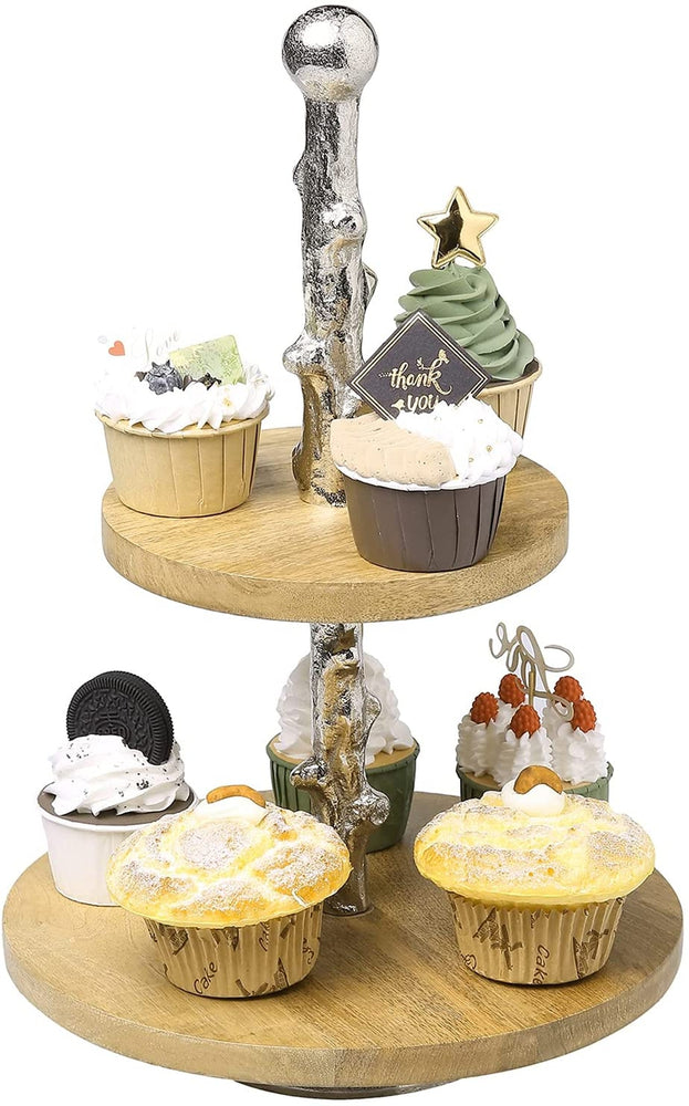 2 Tier Display Serving Tray Tower with Natural Wood and Silver Metal Tree Branch Design Pillar-MyGift
