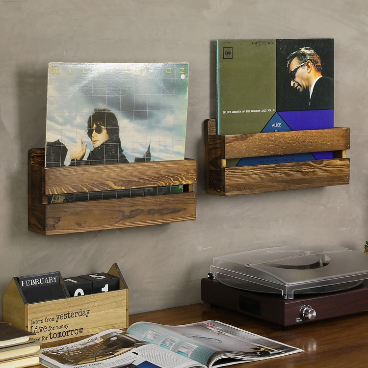 Set of 2, Burnt Wood Wall Mounted Vinyl Album Display Shelf, LP Record Storage Rack-MyGift