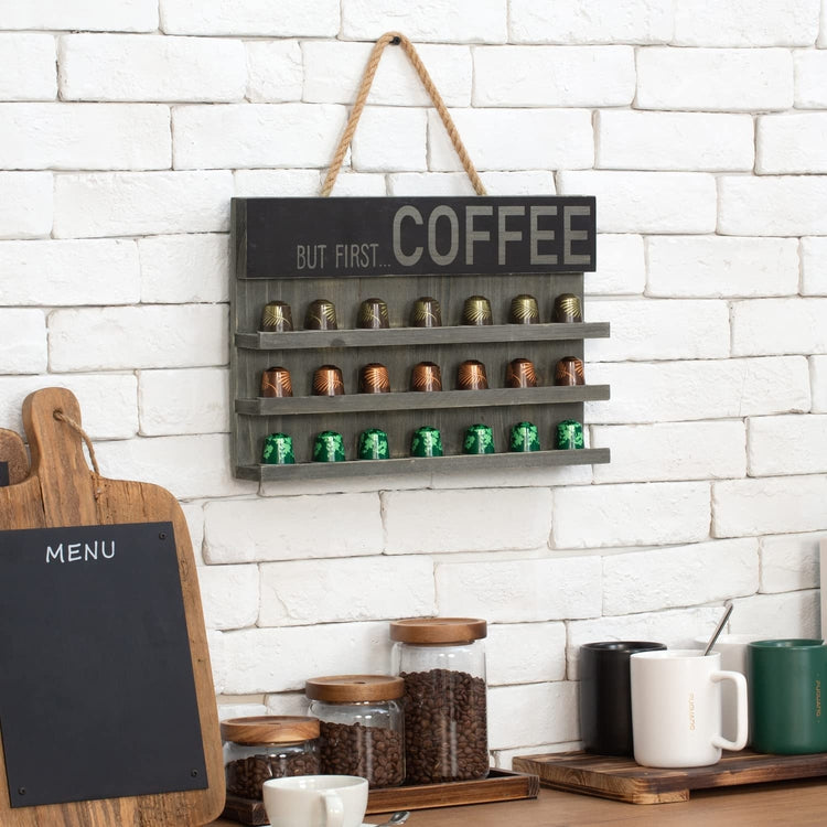 Wall Mounted Coffee Pod Storage Holder Shelves in Gray Washed Wood with Hanging Rope, BUT FIRST COFFEE Printed-MyGift