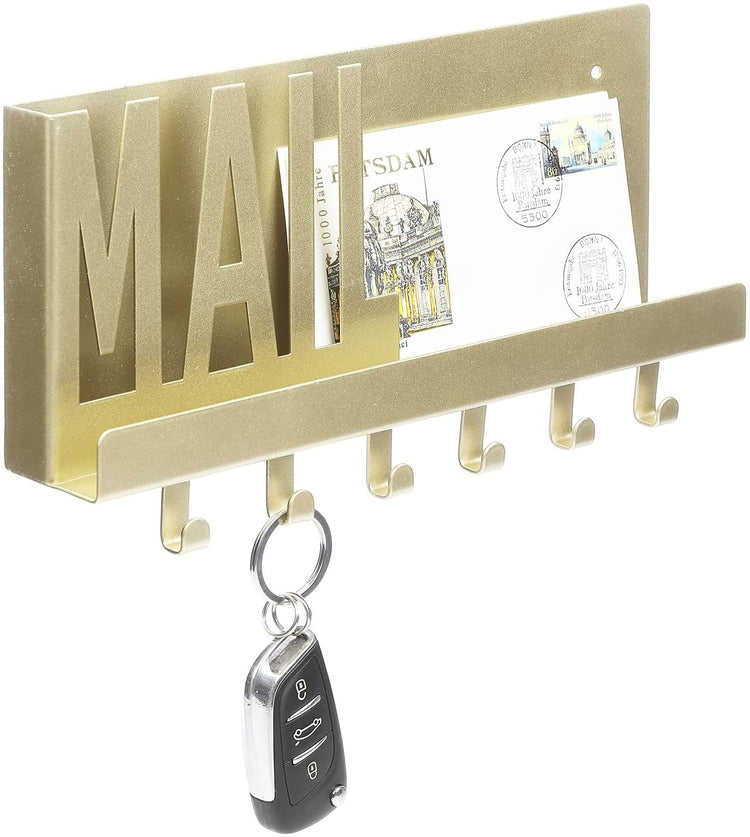 Wall Mounted Brass Tone Metal MAIL Cutout Entryway Mail Sorter Shelf,  Hanging Letter Holder with 6 Key Hooks