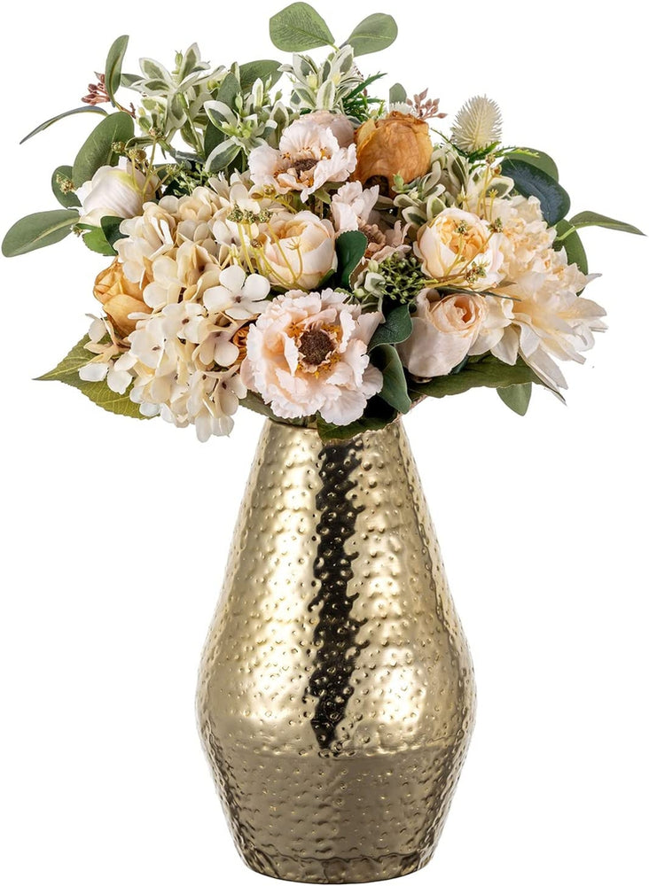 10 inch Tall Brass Tone Metal Flower Vase with Pebbled Texture, Hammered Centerpiece Holder for Floral Arrangements