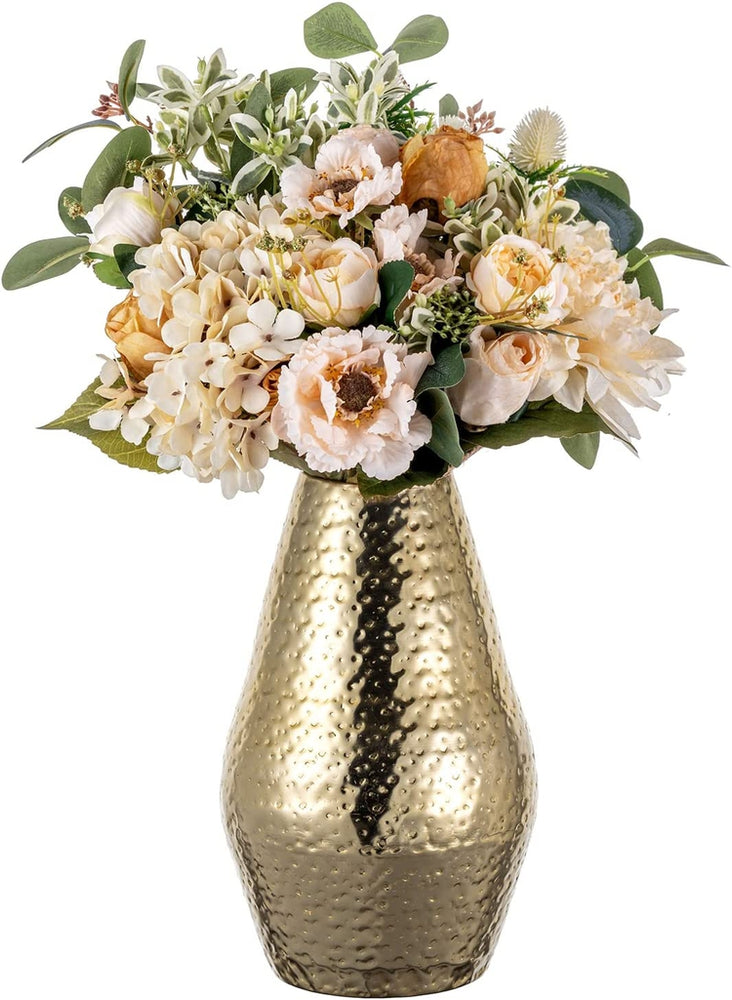10 inch Tall Brass Tone Metal Flower Vase with Pebbled Texture, Hammered Centerpiece Holder for Floral Arrangements-MyGift