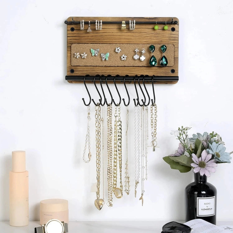 Wall Mounted Jewelry Organizer, Burnt Wood and Black Metal Necklace Holder,  Bracelet, Earring Display Rack with S-Hooks
