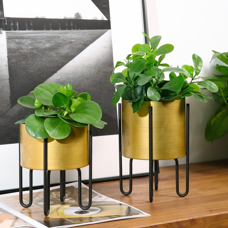 2 Piece Metal Decorative Planter with Stand, Matte Gold Brushed Pots for Indoor Plants with Black Wire Loop Feet Stand-MyGift