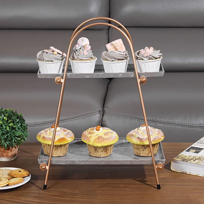 2 Tiered Cupcake Stand, Rustic Galvanized Metal and Vintage Copper Tone Metal Wire Serving Tray Tower-MyGift