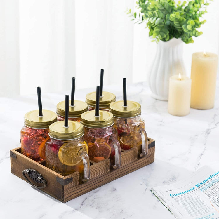 7-Piece Set Mason Jar Mug Glasses in Wood Caddy with Metal Corner Brackets & Handles