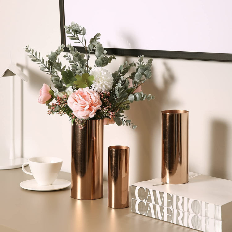 Set of 3, Tall Copper Tone Metal Cylinder Flower Vases-MyGift