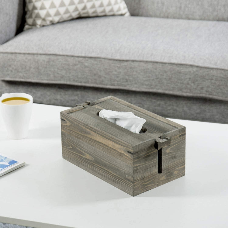 Gray Wood Tissue Box Cover with Adjustable Height Lid-MyGift