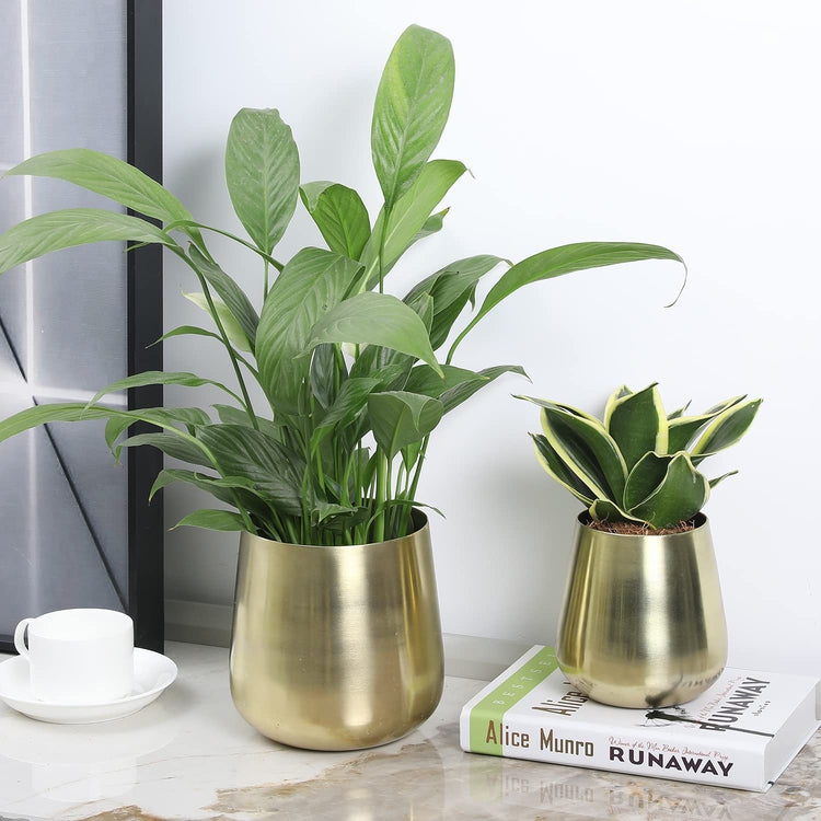 Set of 2, Flower Vase Brass Tone Brushed Metal Tapered Cylindrical Planter, Decorative Indoor Plant Pot-MyGift