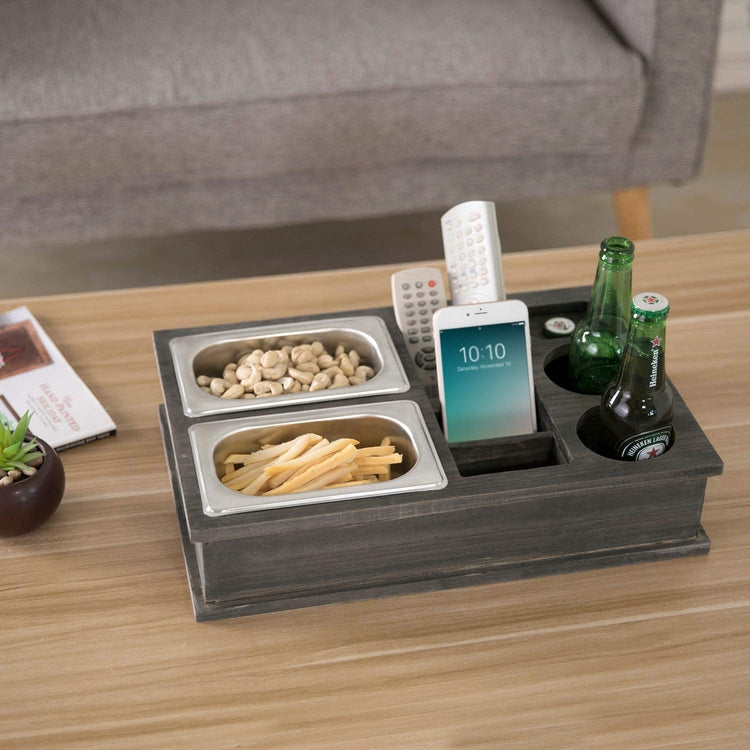 MyGift Vintage Gray Wood All-in-One Snack Caddy with Remote Control, Phone and Cup Holders