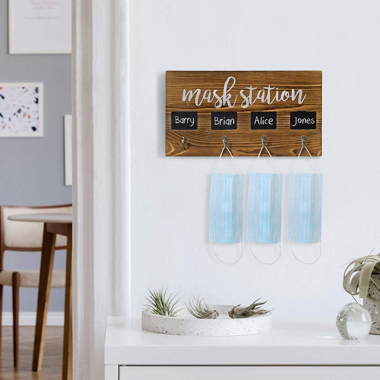 4-Hook Dark Brown Burnt Wood Wall Mounted Face Mask Hanger Rack with Chalkboard Labels-MyGift