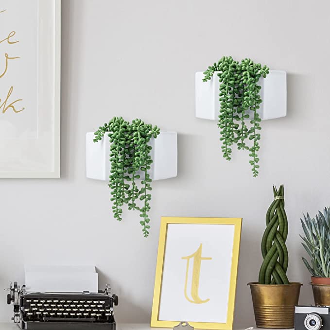 Wall Mounted Geometric White Glazed Ceramic Plant Pots with Fake String of Pearls, Set of 2