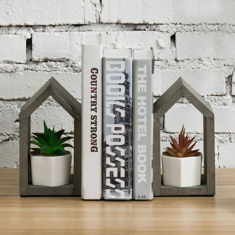 Vintage Gray Wood Open Design House Shaped Book Ends, Set of 2