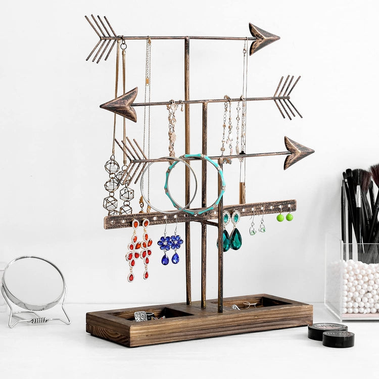 3 Tier Bronze Metal Arrows Design Jewelry Holder Rack, Earring and Necklace Tower with Burnt Wood Ring Dish Tray-MyGift