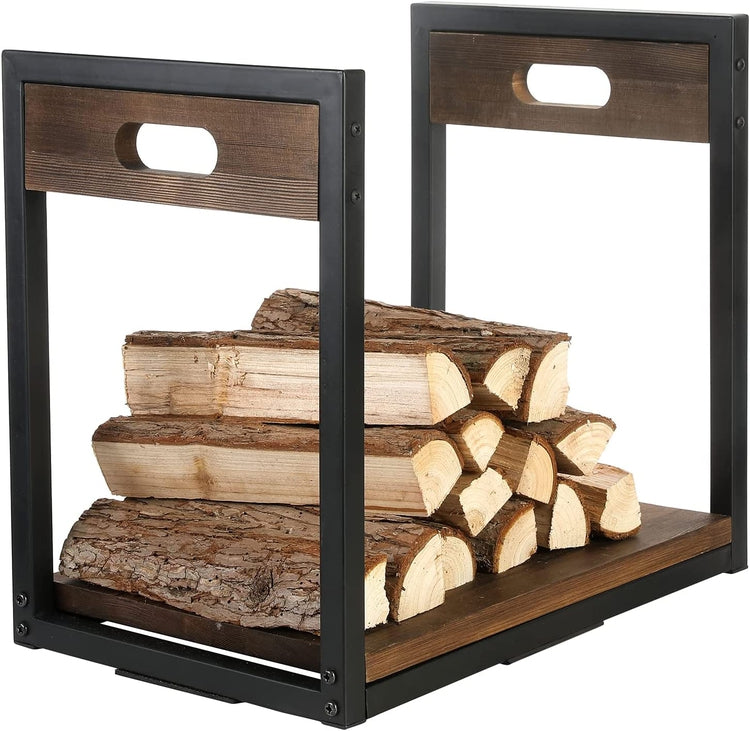 Indoor Firewood Rack with Handles, Burnt Brown Wood and Matte Black Metal Freestanding Fireplace Log Holder Storage-MyGift