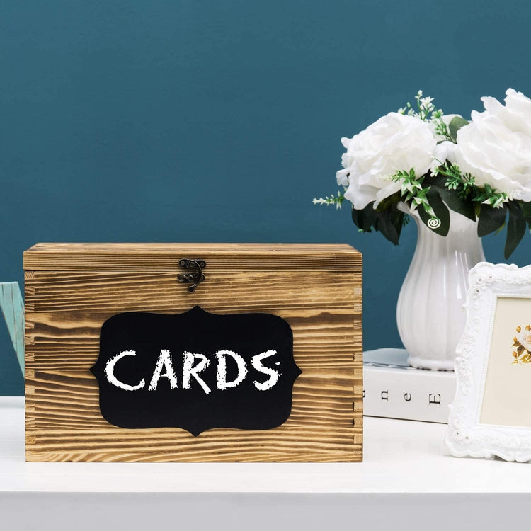 Brown Wood Wedding Card Gift Box with Slotted Lid, Lock and Chalkboard Label