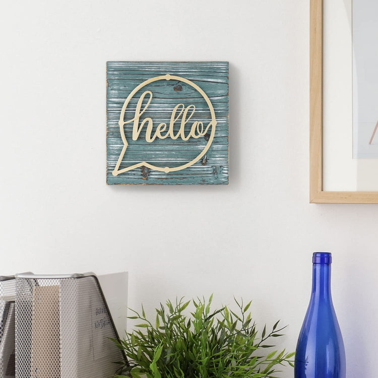 Distressed Weathered Green Wood and Brass Metal Wall Mounted "hello" Letter Sign Hanging Entryway Decoration-MyGift