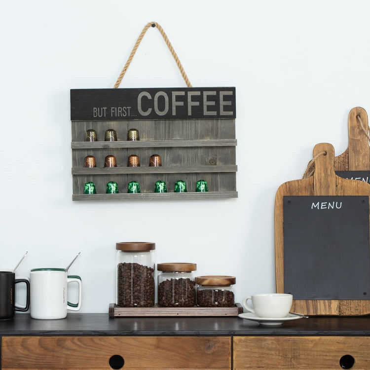 Wall Mounted Coffee Pod Storage Holder Shelves in Gray Washed Wood with Hanging Rope, BUT FIRST COFFEE Printed