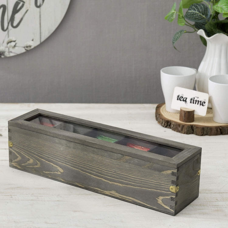 Gray Wood Tea Bag Storage Box with Clear Lid & Brass Metal Accent Wraps-MyGift