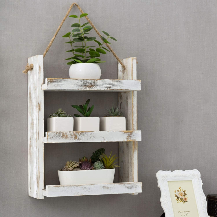 3 Tier Whitewashed Wood Ladder Style Wall Hanging Storage Shelf Rack with Rustic Rope