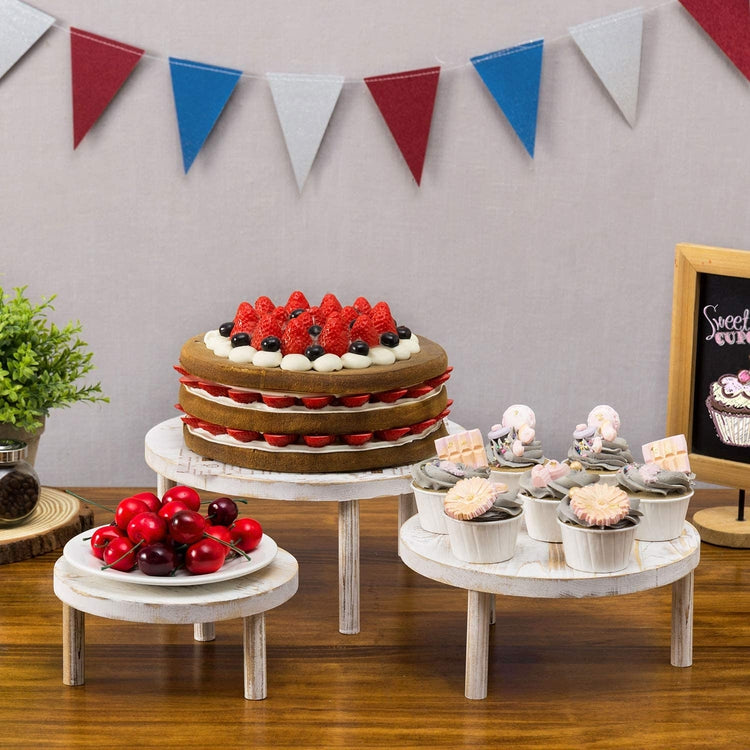 Round Whitewashed Wooden Cake Stand Display Risers, Set of 3