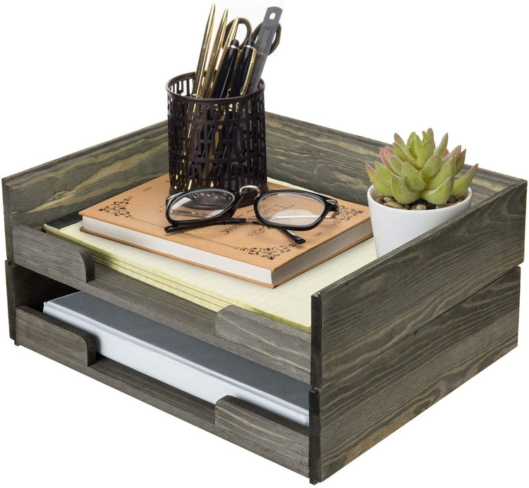 Stackable Vintage Gray Wood Desktop Letter Tray and File Document Holder, Set of 2