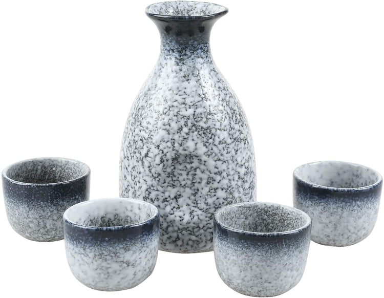 5 Piece Sake Drinking Glass Set, Blue and White Speckled Ceramic Japanese Sake Set, Serving Carafe and 4 Shot Glasses-MyGift