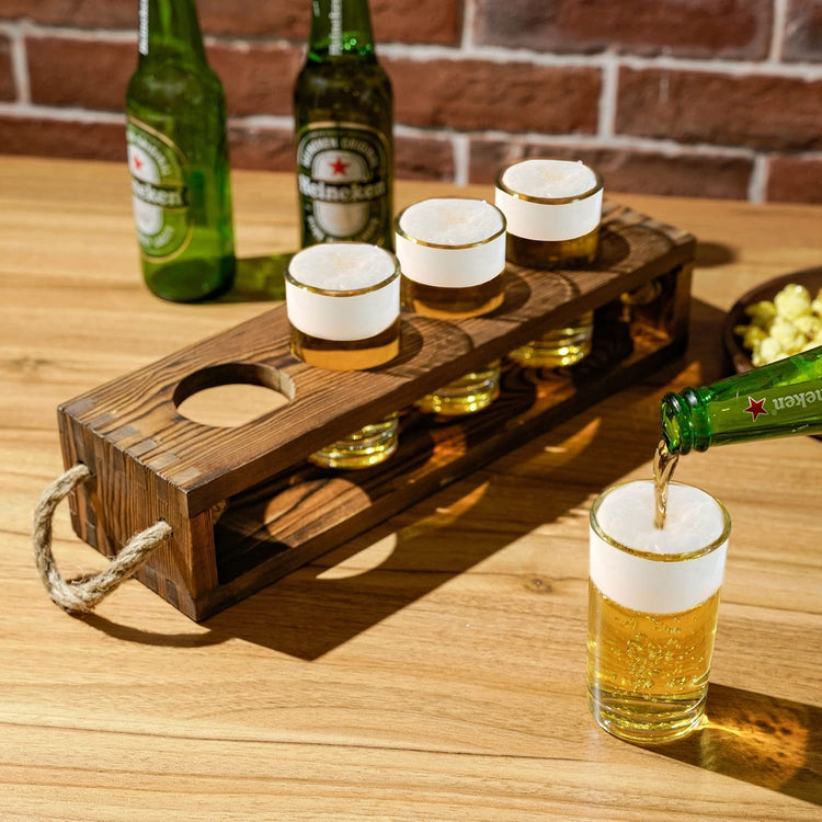 Beer Tasting Flight Serving Caddy Set with Dark Brown Wood Tray and Four 5 oz Sampler Glasses