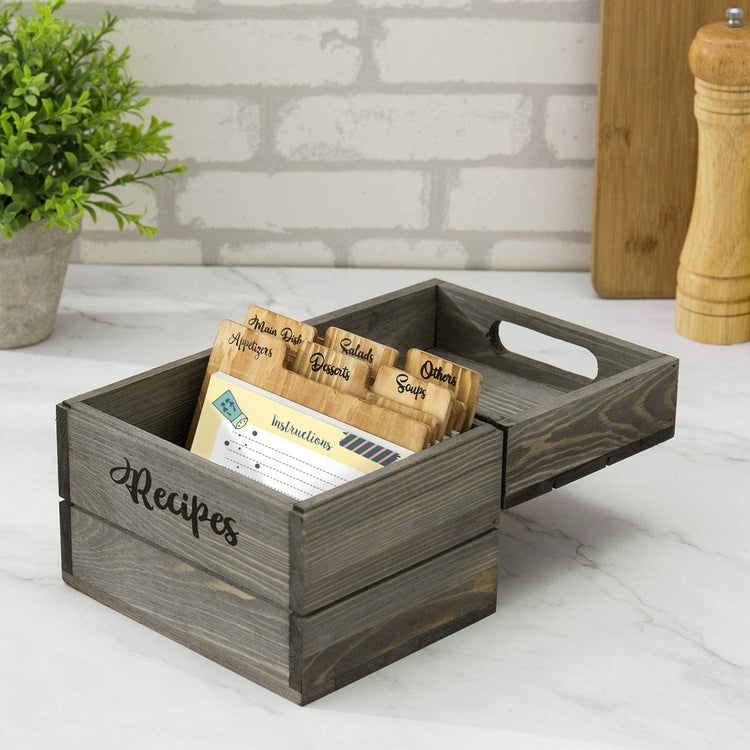 Vintage Gray Wood Recipe Card Box Holder with Wooden Labeled Dividers-MyGift