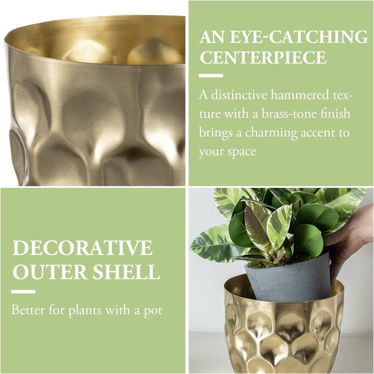 7 Inch Hammered Brass Tone Metal Flower Planter Pot with Decorative Riser, Plant Pot with Display Stand-MyGift
