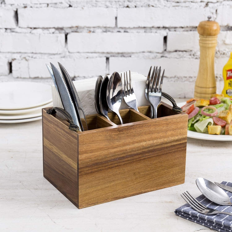 Acacia Brown Wood Dining Utensil & Napkin Holder, Serving Caddy with Metal Handles