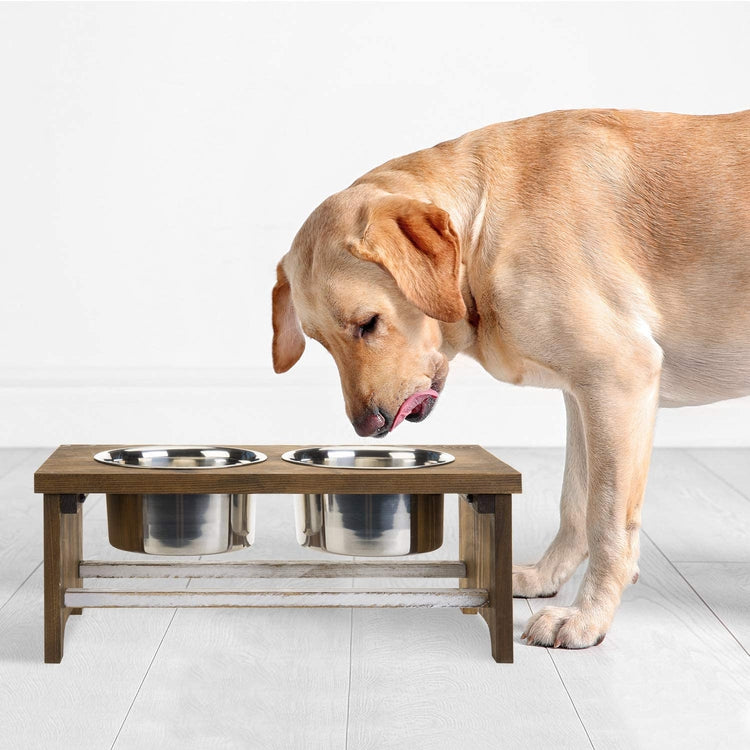 7 Inch Tall Burnt Wood Medium Dog Raised Feeder, Pet Food Stand with 2 Removable Stainless Steel Bowls