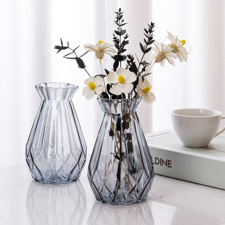 Set of 6, 6 Inch Clear Gray Glass Diamond-Faceted Decorative Flower Vases Centerpiece Bud Floral Arrangements-MyGift