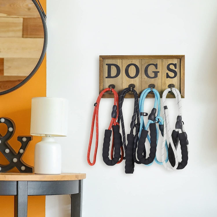 Brown Wood Wall Mounted Dog Leash Holder with 4 Antique Metal Hooks MyGift