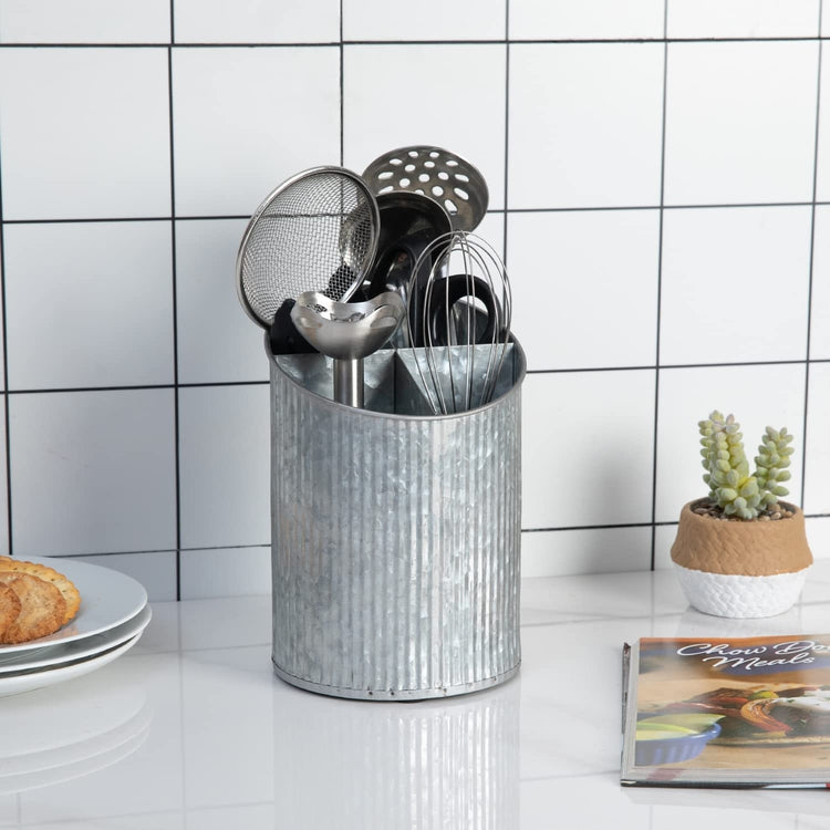 4 Compartment Corrugated Galvanized Metal Angled Cooking Utensil Holder Crock-MyGift