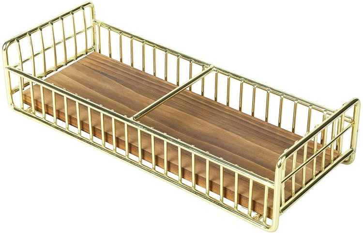 Retro Cassette Tape Storage Rack with Brass Tone Metal Wire Frame and Burnt Wood Base-MyGift