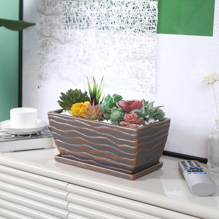 12 Inch Copper Ceramic Succulent Plant Pot, Drainage and Embossed Design, Window Box Planter with Removable Saucer Tray-MyGift