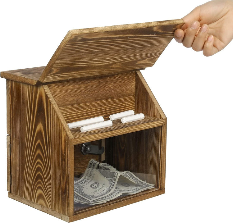 Burnt Wood Locking Suggestion Box with Chalkboard, Clear Front Panel and Top Slot, Restaurant Tip Box, Donation Box-MyGift