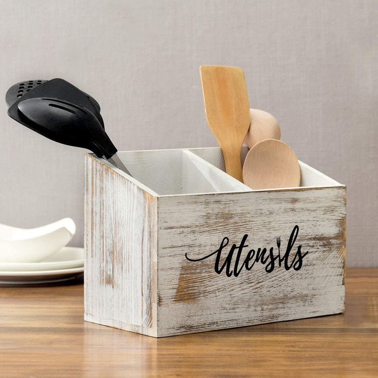 Rustic Whitewashed Solid Wood Kitchen Caddy with Cursive "Utensils" Text-MyGift