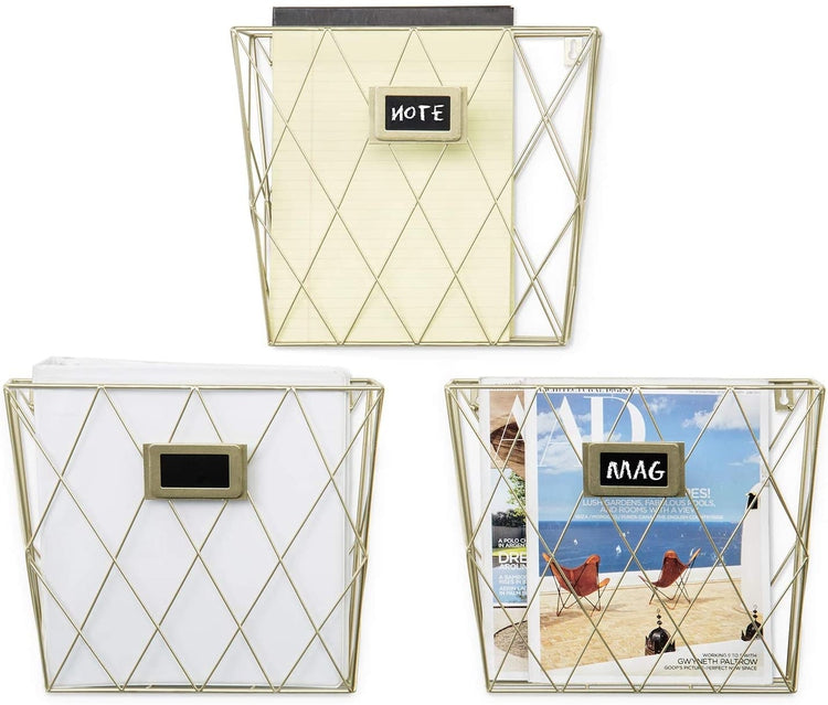 Set of 3 Geometric Metal Wall Mounted Mail Sorter, Brass Magazine Rack with Erasable Chalkboard Labels-MyGift