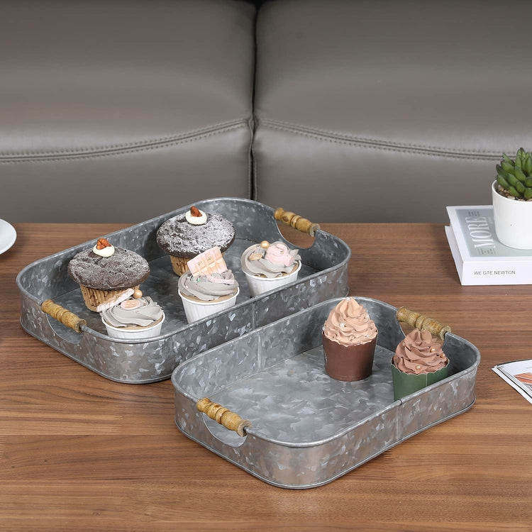 Set of 2, Galvanized Metal Serving Trays with Wood Handles, Rectangular Nesting Display Trays, Storage Ottoman Tray-MyGift