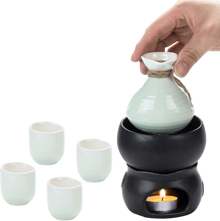 7-Piece Traditional Japanese Light Blue Ceramic Sake Set, Serving Carafe, 4 Cups, Warmer Bowl and Candle Heating Stove-MyGift