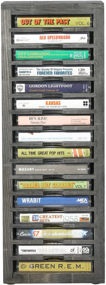 16-Slot Gray Solid Wood Freestanding Retro Cassette Tape Storage Rack Tower-MyGift