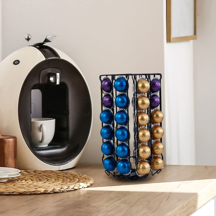 Black Metal Wire 360 Degree Rotating Coffee Pod Capsule Carousel with Coffee Cup Disposable Sleeve Storage Basket