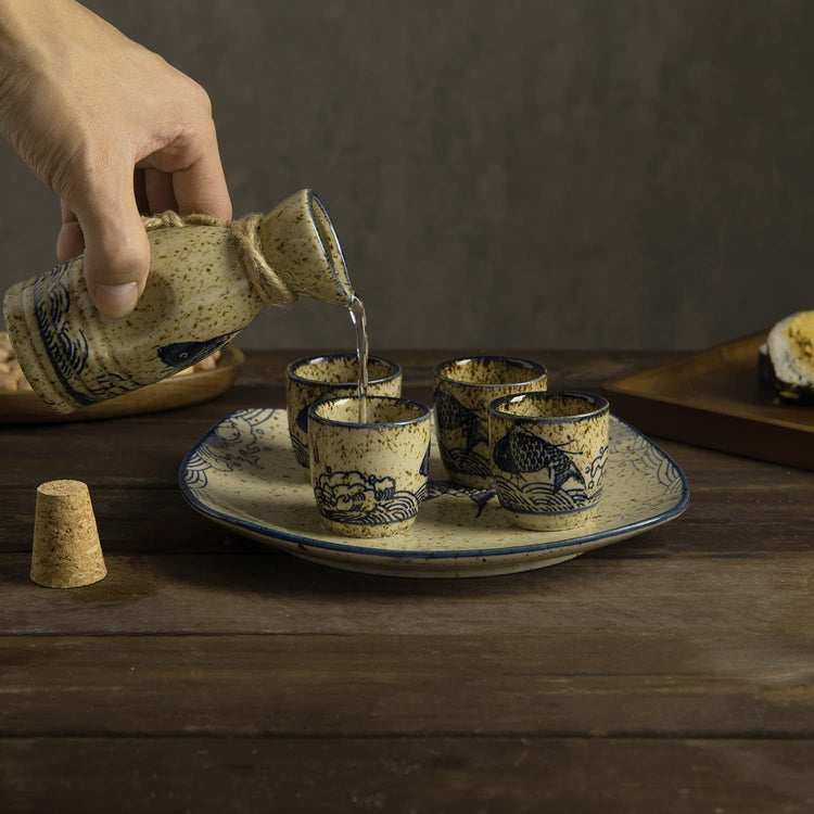 Japanese Ceramic Sake Set with Dapple Glazed Finish and Koi Fish Design, Cork Lidded Carafe, 4 Sake Cups, Serving Plate