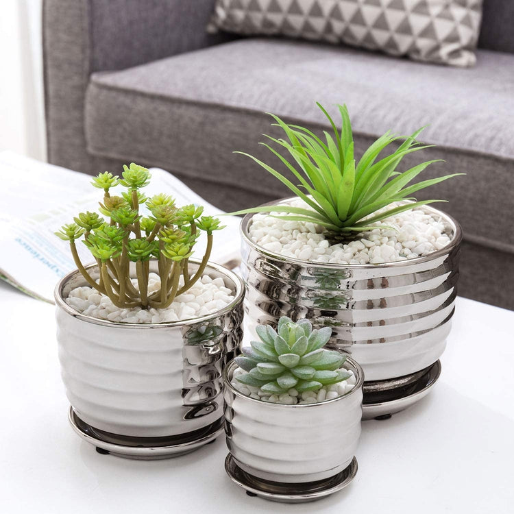 3 Piece Set, Silver Nesting Ceramic Planter Pots with Ribbed Design and Attached Saucers-MyGift
